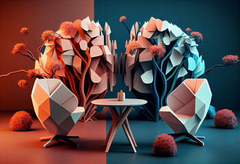 Beautiful abstract surreal geometric Desk and office chairs concept, contemporary colors and mood social background