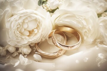 Flowers and golden wedding rings on white background, generative ai