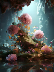 Magical 3D render of a secret garden where flowers made of precious gems and translucent crystals bloom together Generative Ai
