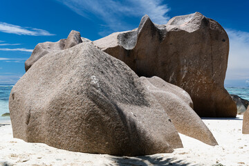 Fascinating rock formations on the beach of the Seychelles.