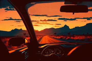 Driving on empty road towards the sun, generative ai