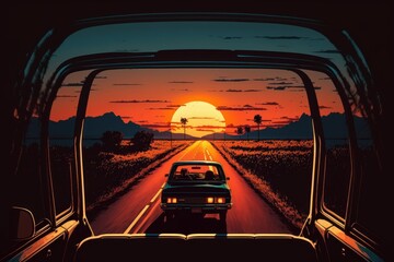 Driving on empty road towards the sun, generative ai