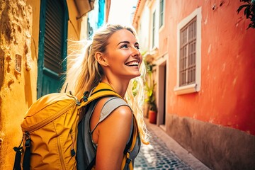 Cool backpacker walking in a colorful street. Holidays concept. Generative AI