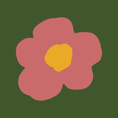 Abstract doodle simple pink and yellow flower on green background.