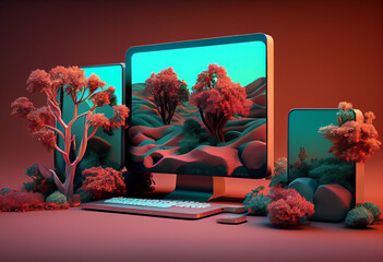 Beautiful abstract surreal geometric Desktop computers concept, contemporary colors and mood social background.  Generative AI technology.
