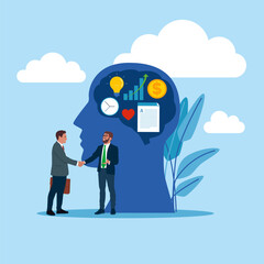 Businessman handshake with success negotiation. Business and creative idea, brainstorm concept. Modern vector illustration in flat style