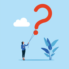 Woman hand holding question mark. Modern vector illustration in flat style