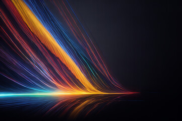 Abstract background with colorful light streaks and dust, futuristic vibrant lines graphic on dark background. Design element for banner, website header. Generative AI.