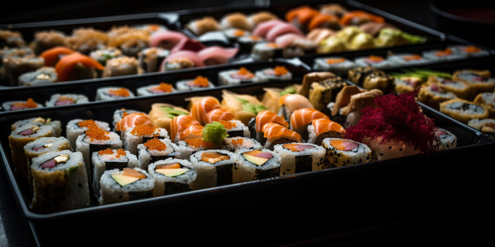 A tray of colorful and fresh sushi generated by AI