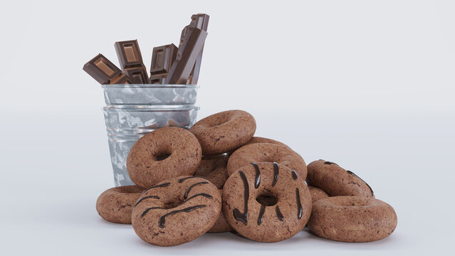Fresh chocolate donuts with chocolate pieces on white background, 3D render