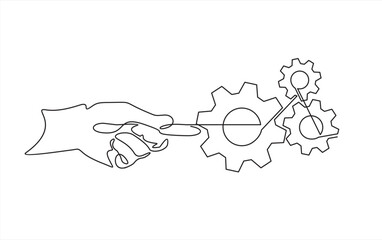 continuous one single line drawing of hand holding gears, tech development, engineering, technology