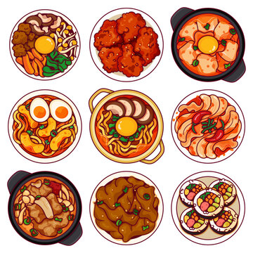 Top View Korean Food Menu Icon Set. (Bibimbap, Fried Chicken, Kimchi Jjigae, Tteokbokki, Ramyeon, Kimchi, Galbitang, Bulgogi, Kimbap) Asian Menu Recipe Illustration Vector. Cute Cartoon Korean Food.