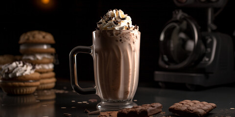 A chocolate milkshake with whipped cream and cookie chunks generated by AI