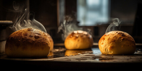 A hot and fresh pão de queijo coming out of the oven generated by AI