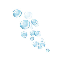 Many light blue bubbles, isolated against a white background. Watercolor illustration of a bubble in water. Round transparent air ball. Suitable for soap, shampoo, cosmetics, postcards, pack, design