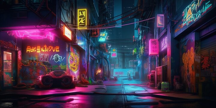 Generative AI, Night scene of after rain city in cyberpunk style, futuristic nostalgic 80s, 90s. Neon lights vibrant colors, photorealistic horizontal illustration.