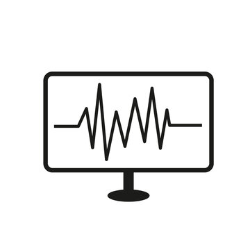 Icono de un monitor con señal de los latidos del ritmo cardíaco sobre un fondo blanco liso y aislado. Vista de frente y de cerca. Copy space