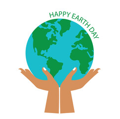 Cartel de Feliz día de la Tierra.  Manos sosteniendo el mundo. Icono vector. Concepto: Planeta medio ambiente. Conciencia ecológica. Salva Nuestro Planeta. © Mercedes Fittipaldi