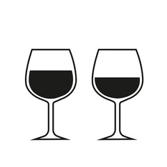 Icono de dos copas de vino sobre un fondo blanco liso y aislado. Vista de frente y de cerca. Copy space