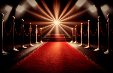 Red Event Carpet, Stair and Gold Rope Barrier Concept of Success and Triumph. Generative AI.