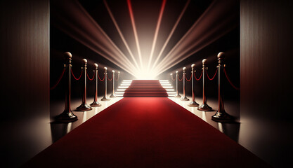 Naklejka premium Red Event Carpet, Stair and Gold Rope Barrier Concept of Success and Triumph. Generative AI.