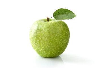 Green apple with leaf on white table and isolated background