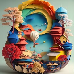 Colorful paper craft die cut, concept art