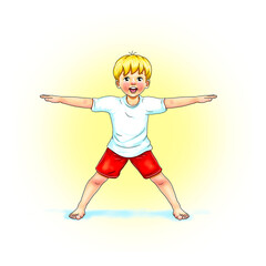Kids Yoga Joga für Kinder, Asana Stern, Freizeit, Hobby, Achtsamkeit. Junge barfuß in Yoga Haltung, macht fröhliches Gesicht, lächelt, ist entspannt, erholt sich. Freude und Ausgeglichenheit