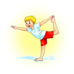 Kids Yoga Joga für Kinder, Asana Tänzer, Freizeit, Hobby, Achtsamkeit. Junge barfuß in Yoga Haltung, macht fröhliches Gesicht, lächelt, ist entspannt, erholt sich. Freude und Ausgeglichenheit