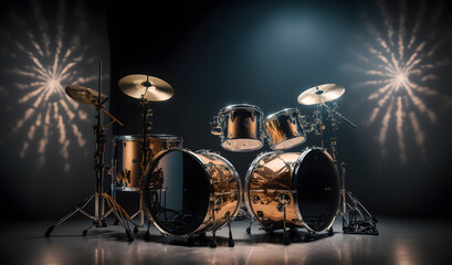 Obraz na płótnie Canvas Festival music, Drum set on stage for band with spot lighting spotlight. Generation AI