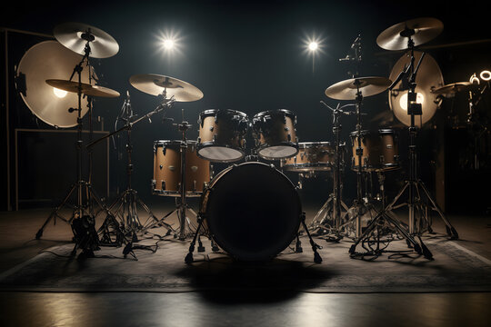 Drum set on stage for band with spot lighting spotlight, dark background. Generation AI