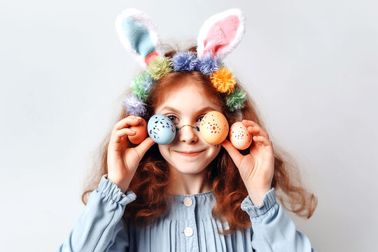 Funny red hair girl with bunny ears and big glasses holding Easter eggs on white background. Generative AI