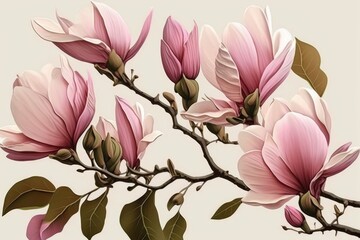 Beautiful pink spring magnolia flowers on a tree branch isolated on background, generative ai