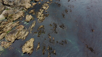 Rocky seashore, top view. Big rocks in the water. Seascape, background.