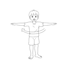 Kids Yoga - Joga für Kinder, Asana Drehung, Freizeit, Hobby, Achtsamkeit. Junge barfuß in Yoga Haltung, macht fröhliches Gesicht, lächelt, ist entspannt und erholt sich. Schwarz weiß Bild, Ausmalbild