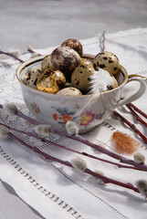Quail eggs in white vintage tea cup with willow branches on white background, Easter and spring decor concept.