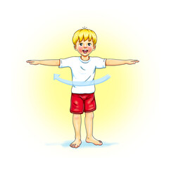 Obraz premium Kids Yoga - Joga für Kinder, Asana Drehung, Freizeit, Hobby, Achtsamkeit. Junge barfuß in Yoga Haltung, macht fröhliches Gesicht, lächelt, ist entspannt und erholt sich. Freude und Ausgeglichenheit