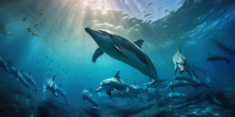 Friendly dolphins underwater scene. Marine wild animals illustration. Web banner template. Generated with ai.