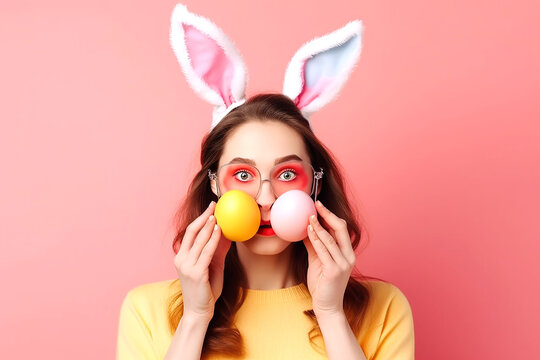 Funny female with bunny ears and big glasses holding Easter eggs at face on pink background. Generative AI