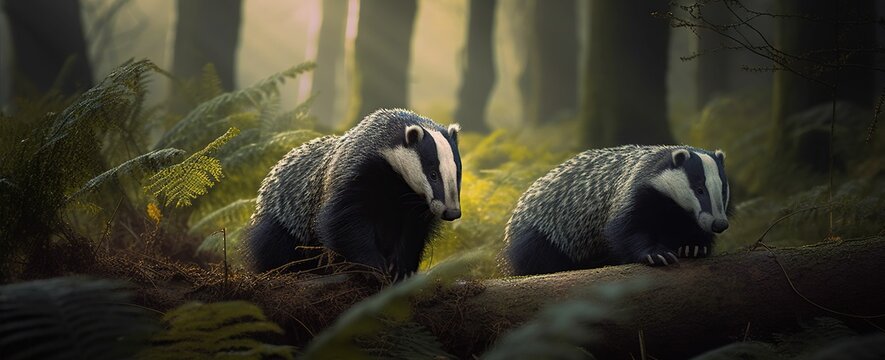 Beautiful badgers in autumn forest outdoor wild nature background. Animals and wildlife panoramic web banner. Generated with AI.