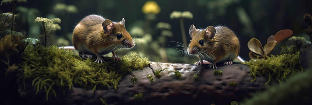 Beautiful and cute wood mice sitting on mossy log in the deep forest. Horizontal animalistic banner or header for web site. Wild nature outdoor background. Generated with AI.