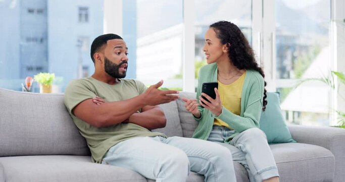 Couple, smartphone and cheating problem, argue and anger with disagreement, people at home and crisis in relationship. Communication fail, technology and affair with frustration, stress and fight