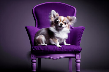Small dog sitting on top of purple chair with black background. Generative AI.