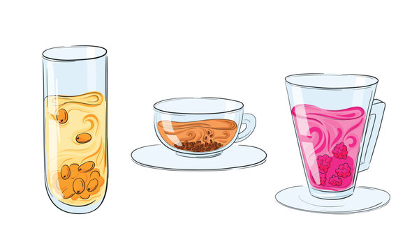 Set of cartoon glasswes of natural tea. Transparent glasses isolated on white. Sketch, doodle. Sea buckthorn, buckwheat and raspberry tea.