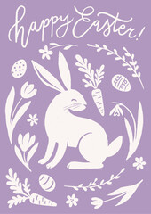 Cute Hand Drawn Illustration With Easter Bunny, Eggs, Spring Flowers And Catkin Branches On Purple Background. Vector Graphic, Isolated Elements. Great To Use For Easter Day Designs.