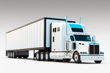 White semi truck with blue trailer on the back of it's cab. Generative AI.