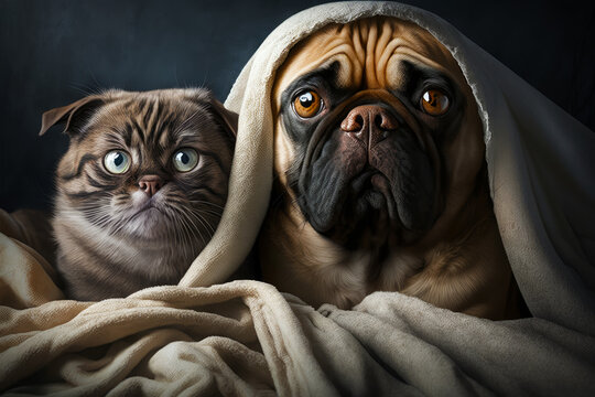 Cat And Dog Are Under Blanket With Blanket On Them. Generative AI.