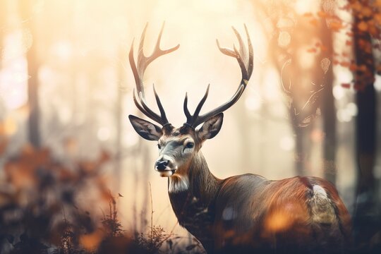  a deer standing in the middle of a forest with antlers on it's head and a sunbeam in the distance behind it.  generative ai