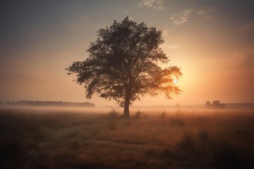 Naklejka na ściany i meble a tree in a field with the sun setting in the background and fog covering the ground and the grass and trees in the foreground. generative ai