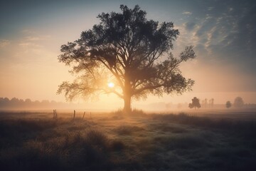 Fototapeta na wymiar a tree in a field with the sun setting in the background and fog in the foreground, with a fence in the foreground. generative ai